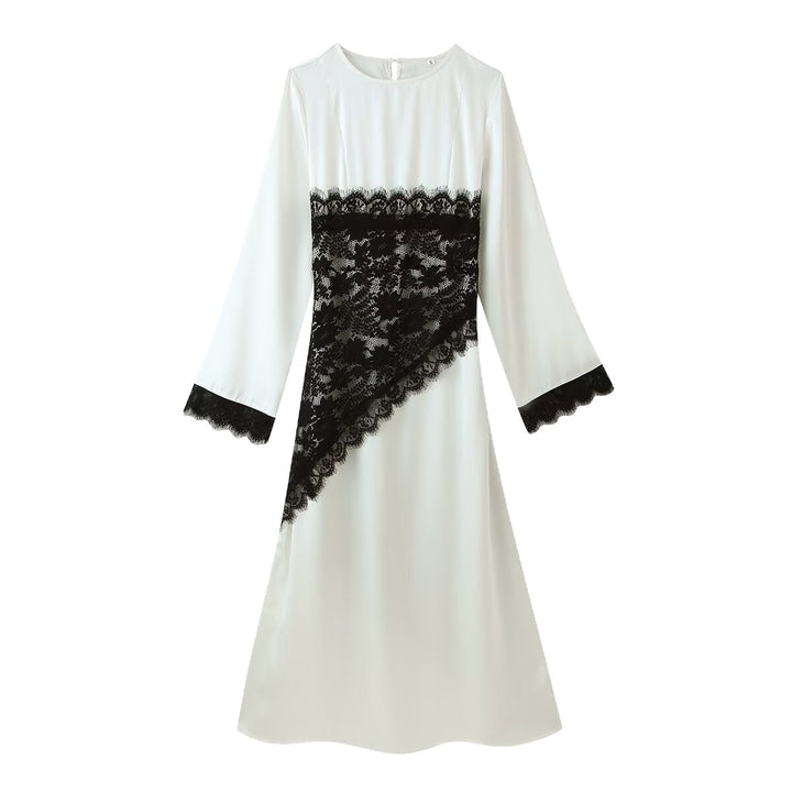Women Mididress with Asymmetric Lace Trimming and Bell Sleeves Mune Fashion