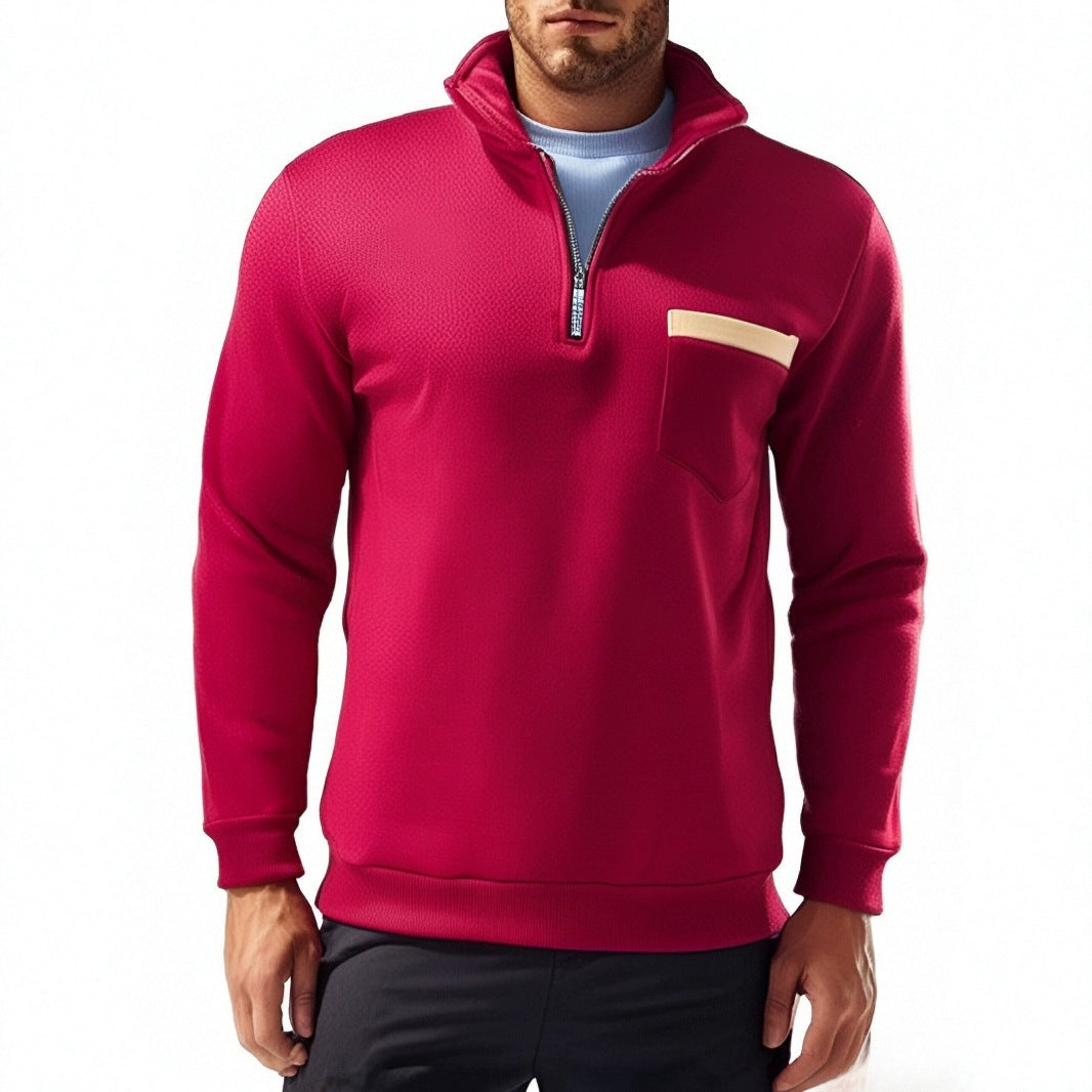 Men's finely structured half-zip fine knit pullover with stand-up collar, chest pocket, and slim silhouette Mune Fashion