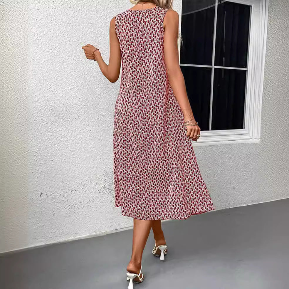 Women’s sleeveless A-line midi dress with round neckline, side leg slit, and fine geometry print Mune Fashion