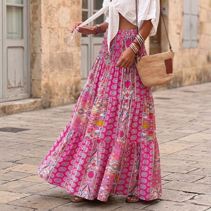 Women's layered maxi skirt with floral print, elastic smocked waistband and ruffle edges Mune Fashion
