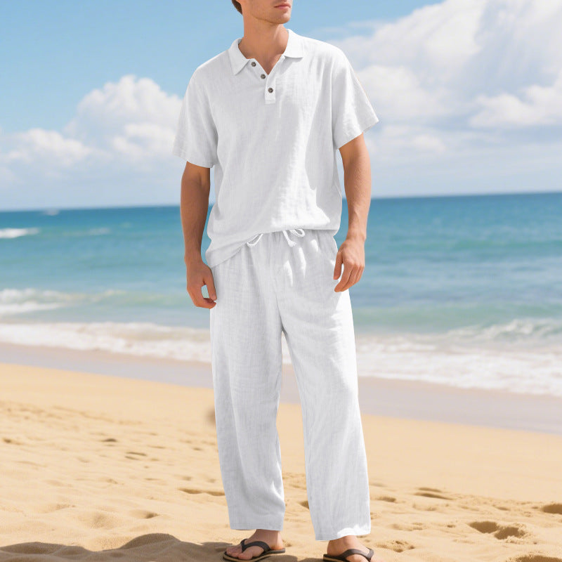 Men's airy linen ensemble with polo collar and adjustable waistband pants Mune Fashion