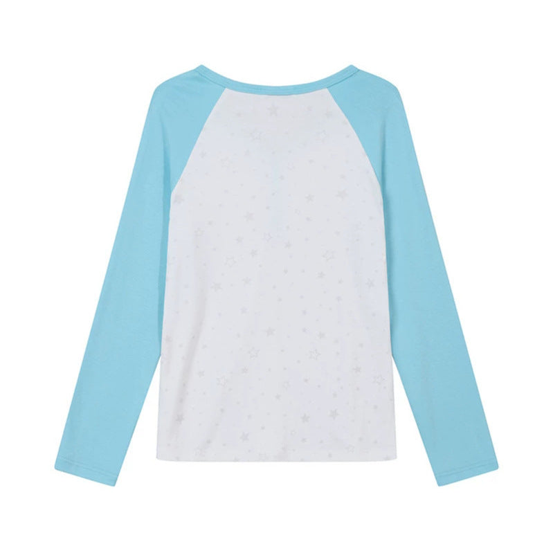 Women's Long Sleeve Henley Shirt with Raglan Sleeves, Gathered and Star Print Mune Fashion
