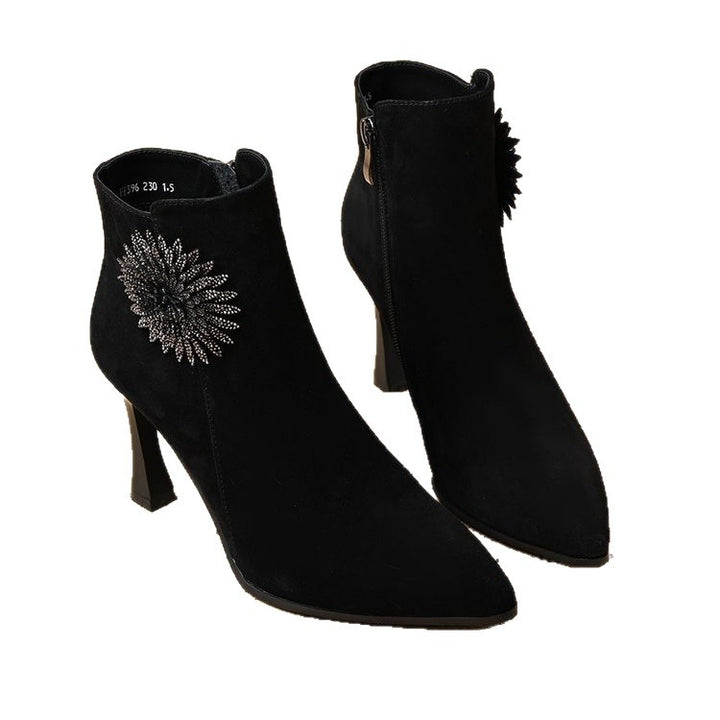 Women Elegant Suede Ankle Boots with Glitter Pin Mune Fashion