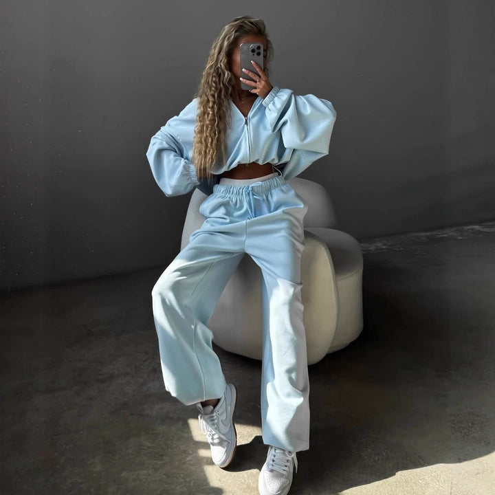 Women Loose-Fit Leisure Set with Zip Hood and Wide Palazzo Jogger Mune Fashion