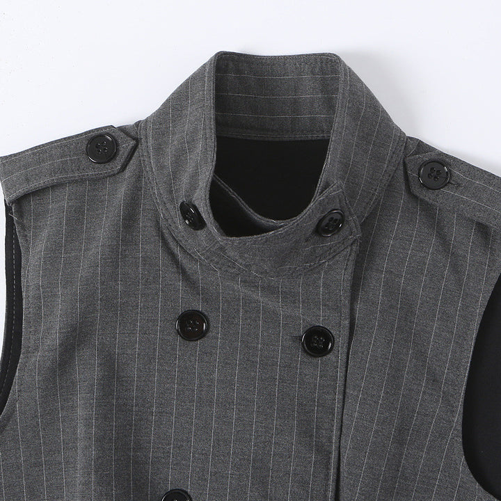 Women's Sleeveless Double-Breasted Pinstripe Waistcoat with Stand Collar Mune Fashion