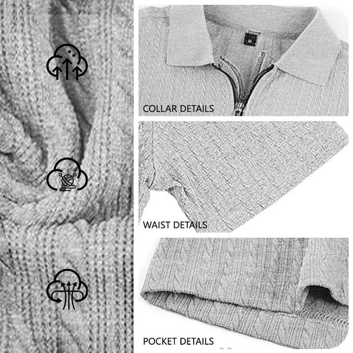 Men's short sleeve knitted polo shirt with zipper and cable knit structure Mune Fashion