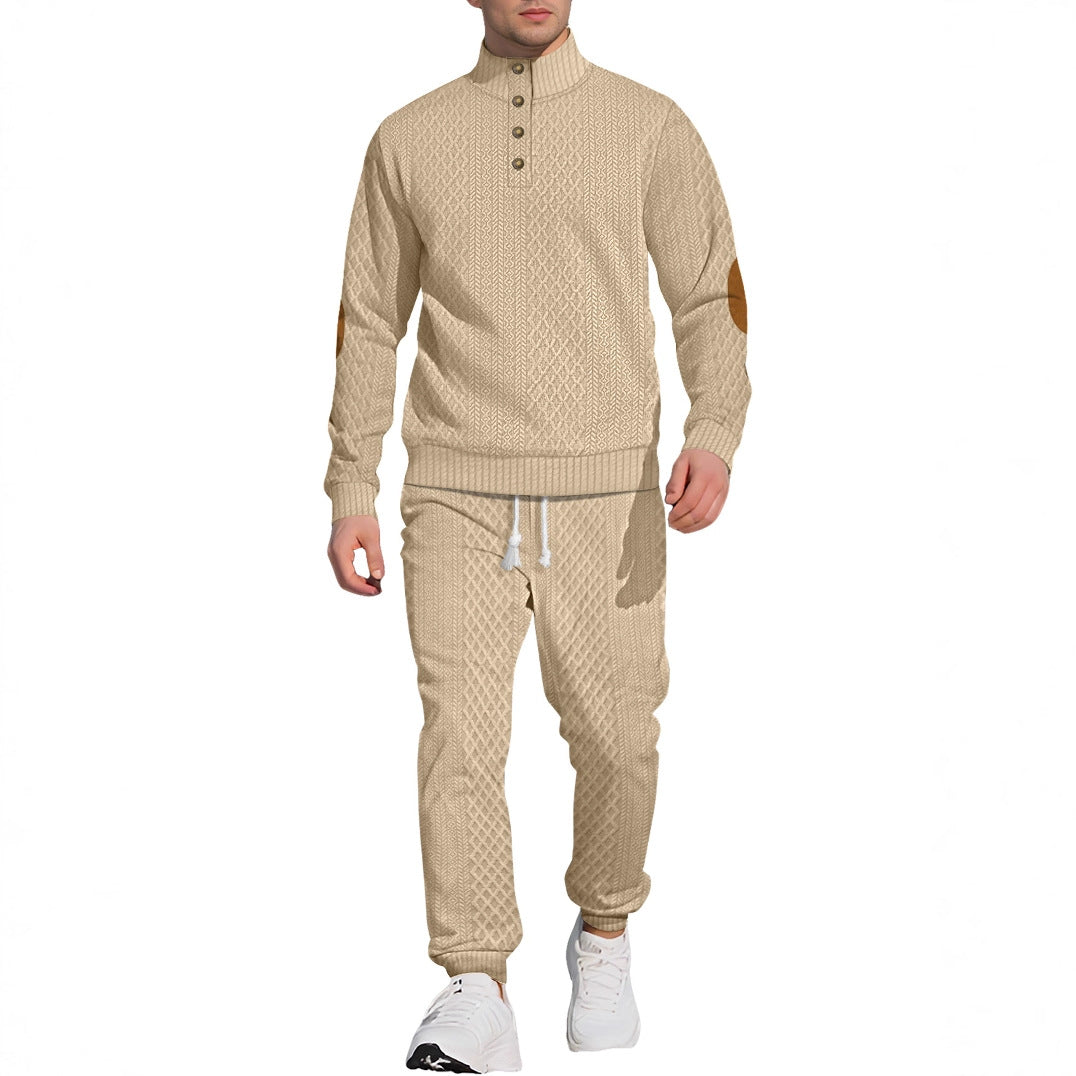 Men's patterned knit leisure set with half-button stand collar suede elbow patches and drawstring joggers Mune Fashion