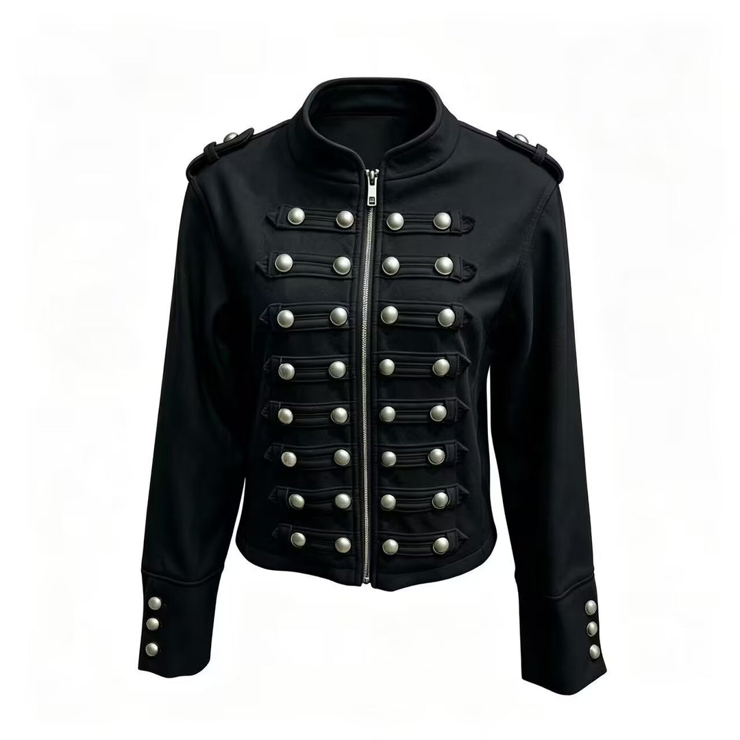 Ladies short jacket in military style with stand-up collar, decorative button placket and shoulder epaulettes Mune Fashion