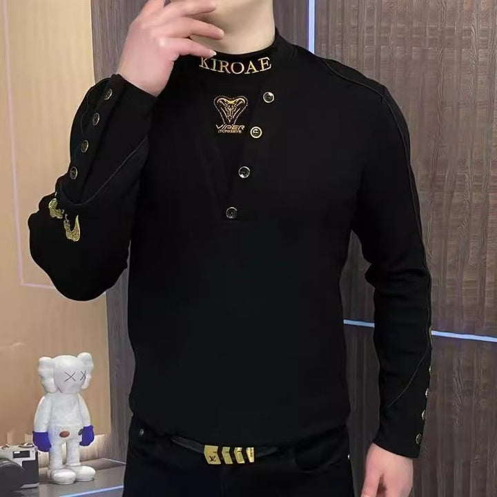 Men's Fitted Long Sleeve Shirt with Stand-Up Collar, Asymmetrical Button Placket and Logo Embroidery Mune Fashion