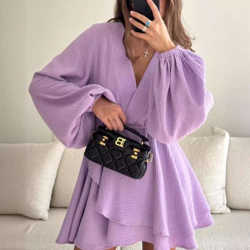 Women's Airy Wrap Dress with Ruffle Layers and Balloon Sleeves Mune Fashion