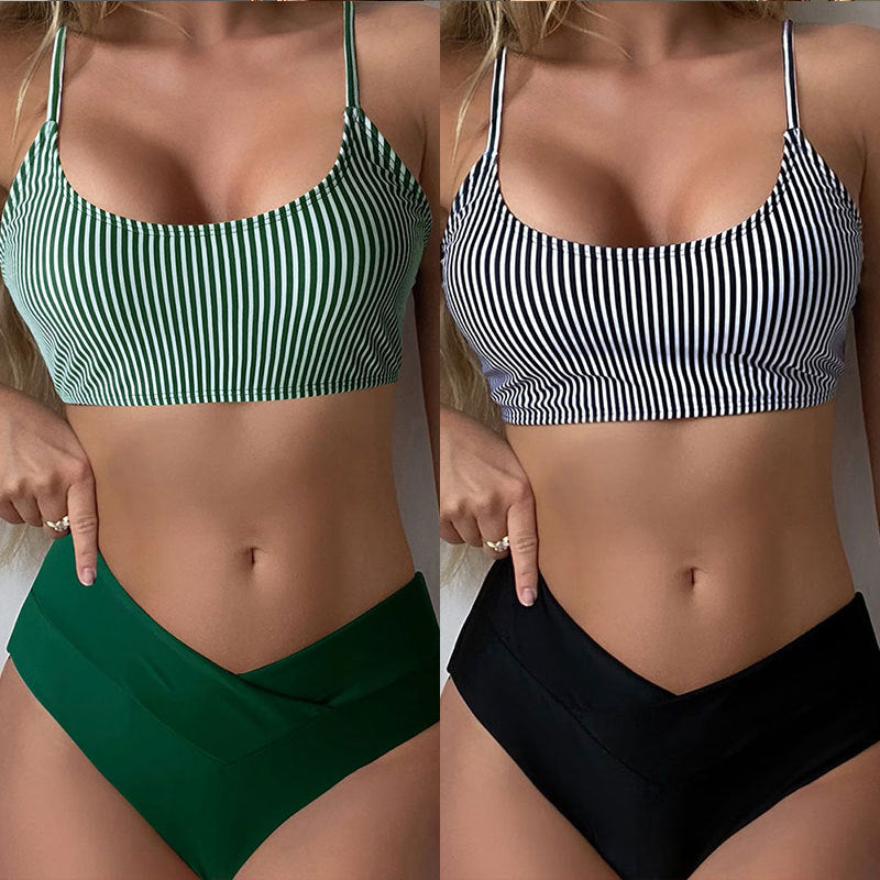 Ladies bikini set with striped top and high-cut bottom Mune Fashion