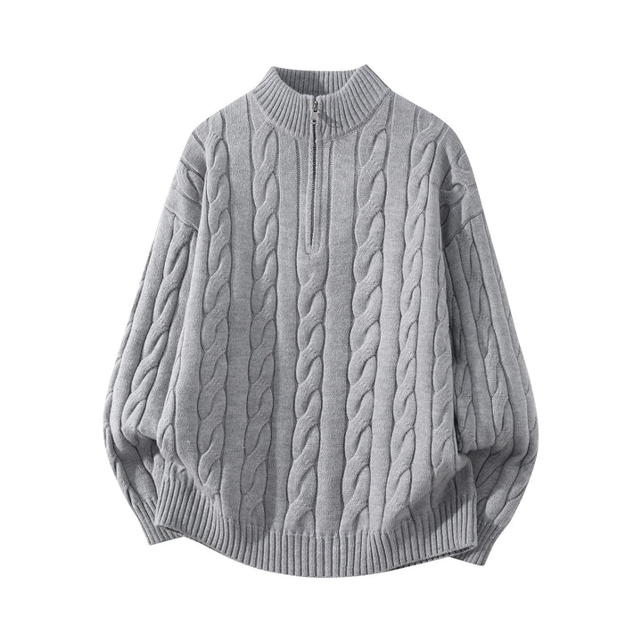Women's Oversize Cable Knit Half Zip Sweater with Balloon Sleeves and Stand-Up Collar Mune Fashion