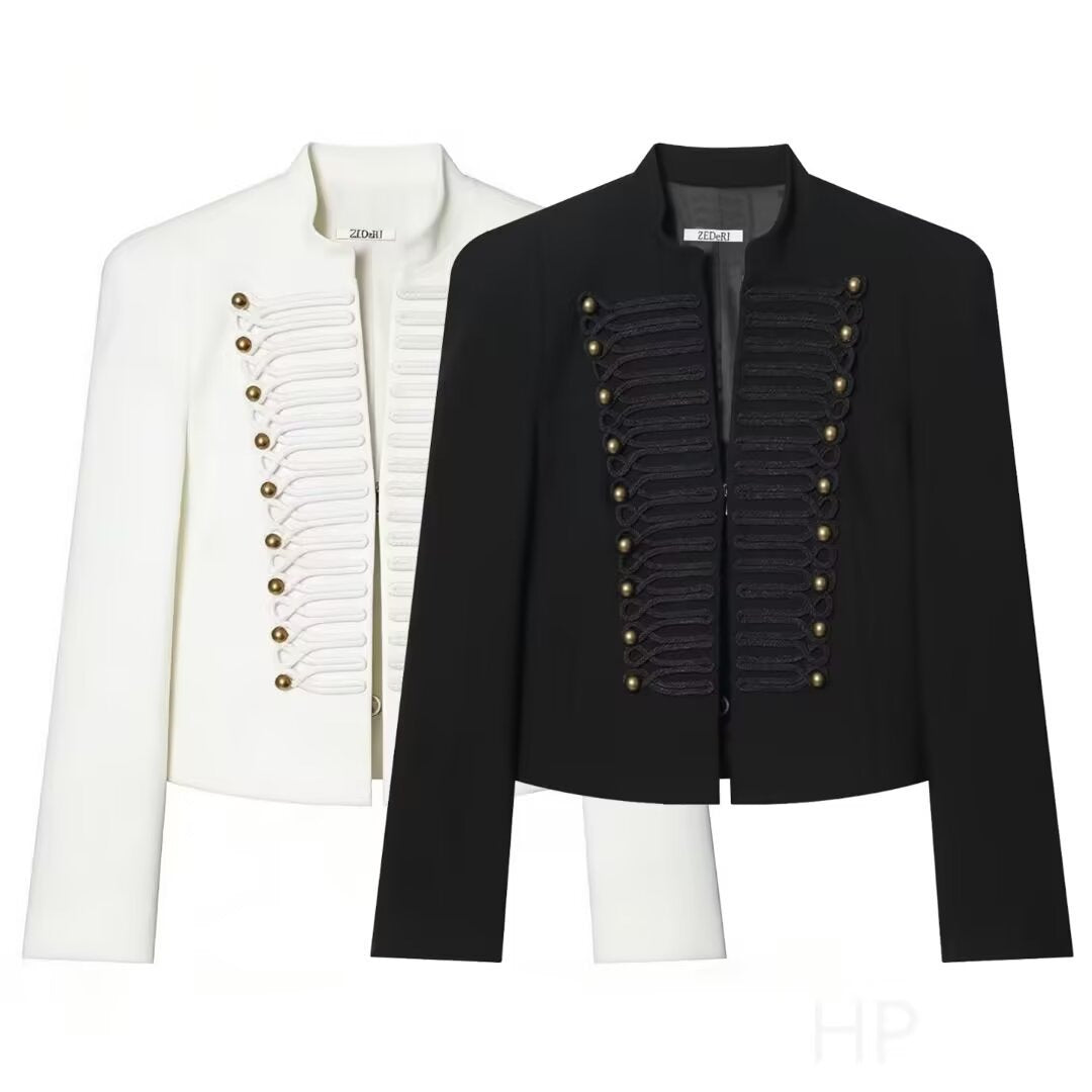 Women's Short Blazer with Military Frog Decoration and Stand-Up Collar Mune Fashion