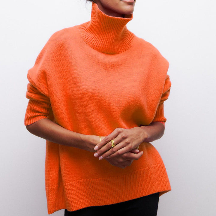 Women Cozy Oversized Turtleneck Sweater with Concealed Side Slits and Extra Long Ribbed Hem Mune Fashion