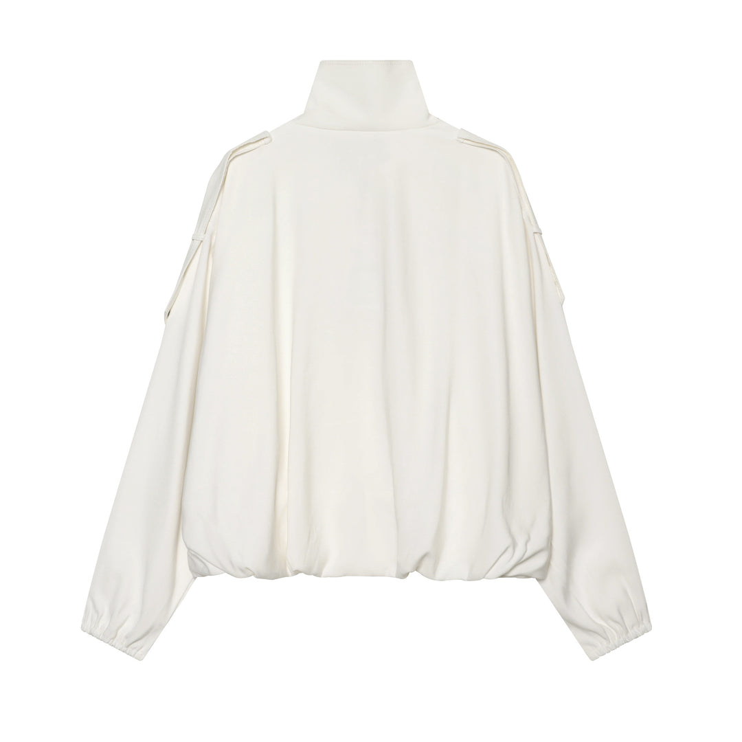 Women's oversized short jacket with high stand-up collar, snap button front, and patch arm pocket Mune Fashion