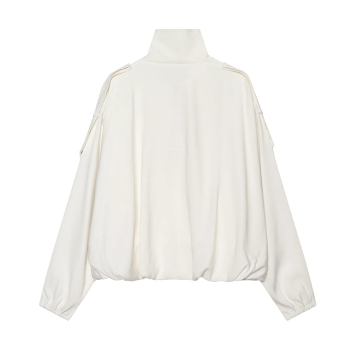 Women's oversized short jacket with high stand-up collar, snap button front, and patch arm pocket Mune Fashion