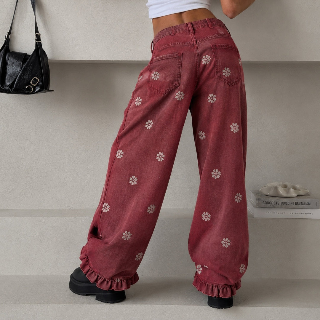 Women's wide denim pants with daisy print, high waist and ruffled hem Mune Fashion