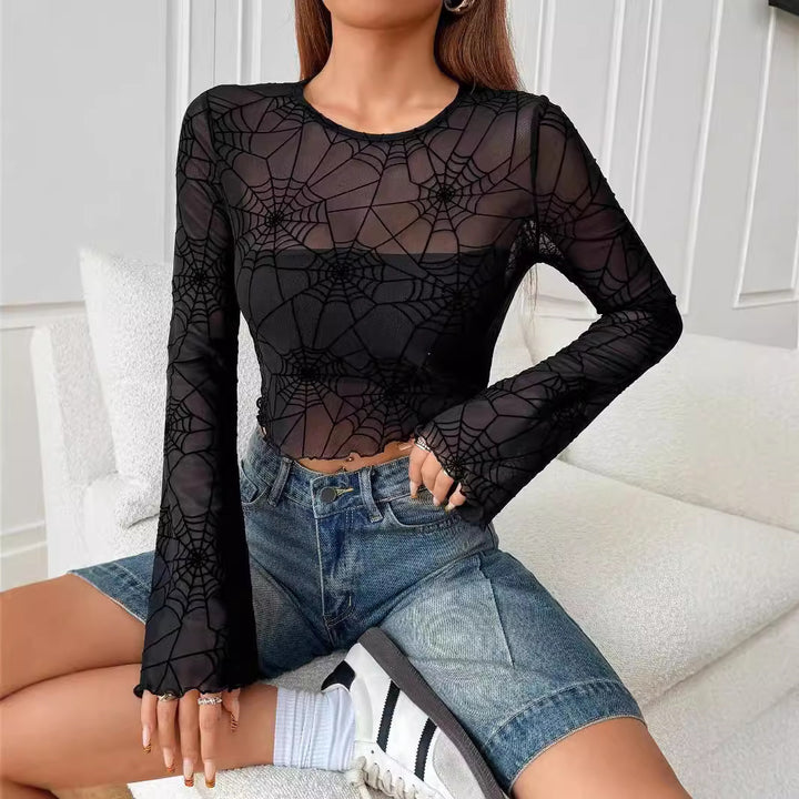 Women's transparent mesh top with velvety spider web print and cropped cut Mune Fashion