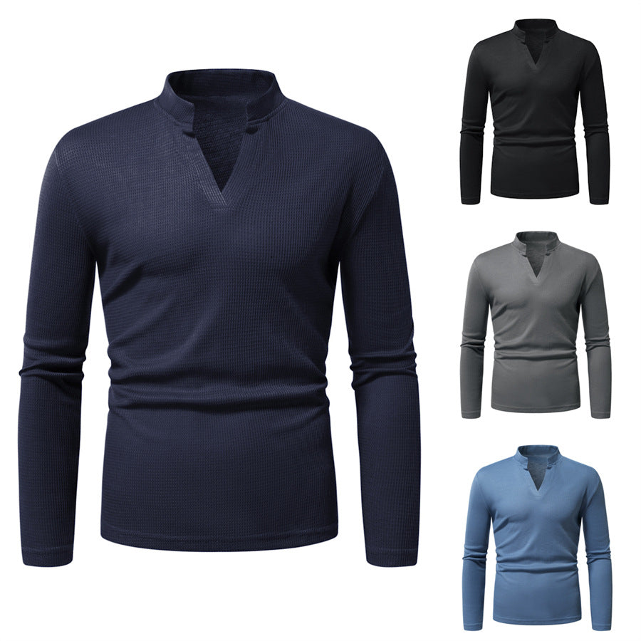 Men's Thermal Waffle Knit Shirt with Stand Collar and V-Neck Mune Fashion