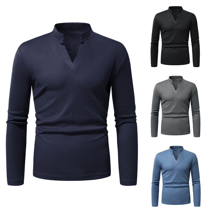 Men's Thermal Waffle Knit Shirt with Stand Collar and V-Neck Mune Fashion