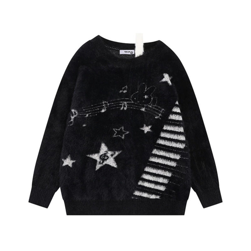 Women's Cozy Knit Sweater with Cartoon Note and Star Motif Mune Fashion