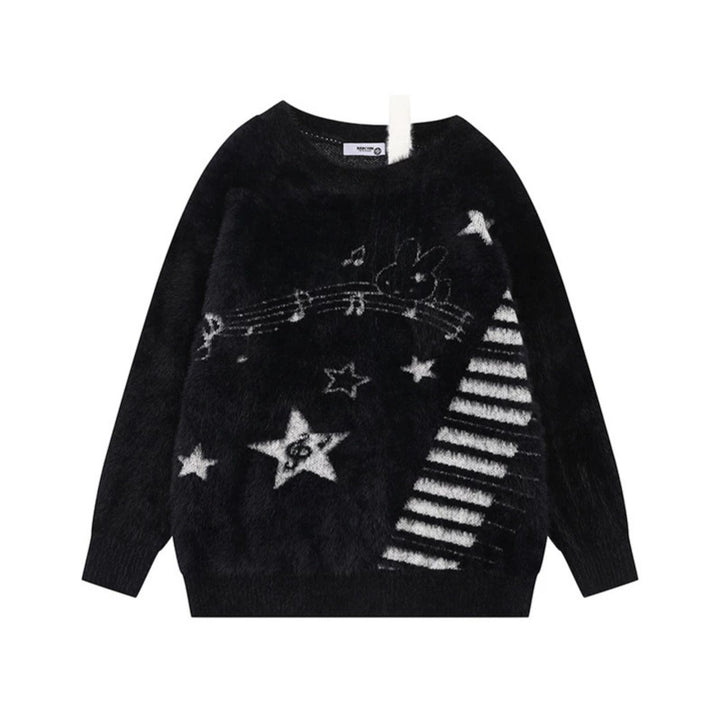 Women's Cozy Knit Sweater with Cartoon Note and Star Motif Mune Fashion