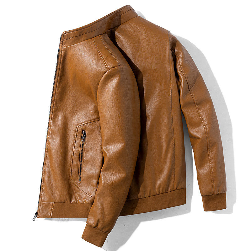 Men's Faux Leather Bomber Jacket with Ribbed Cuffs and Concealed Zipper Pockets Mune Fashion