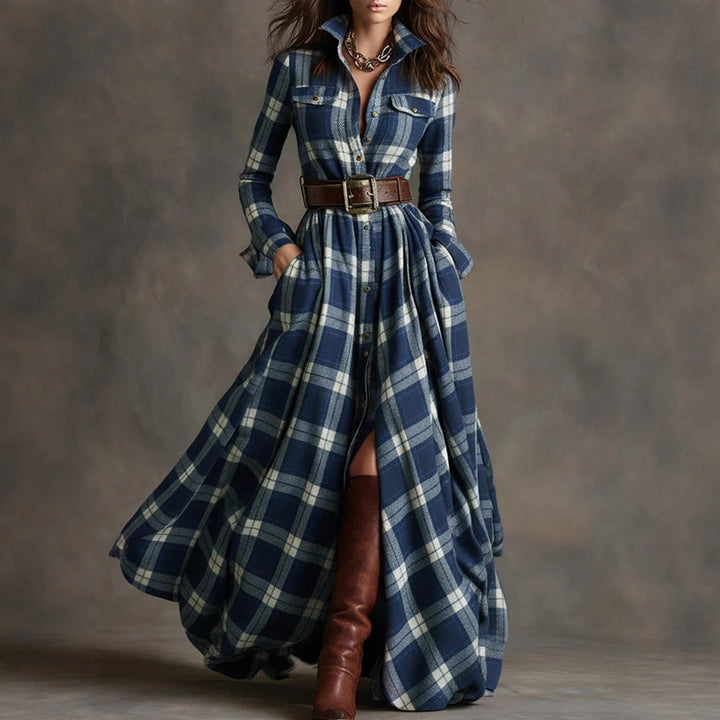 Women checked maxi dress shirt dress with flared skirt and wide waistband Mune Fashion