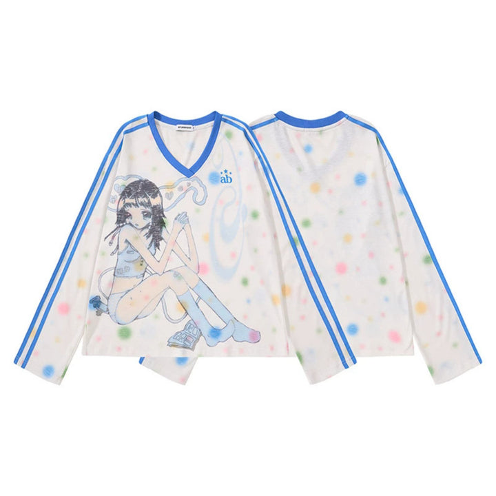 Women's Cropped Mesh Long Sleeve with V-Neck, Anime Print and Contrast Stripes Mune Fashion