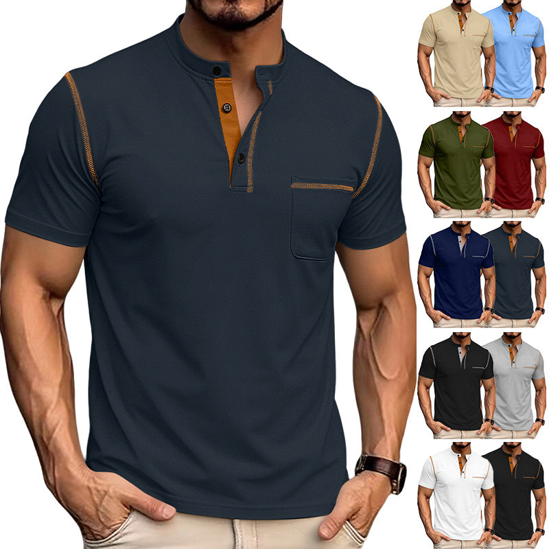 Men's short-sleeved Henley shirt with stand-up collar, chest pocket, and contrasting decorative stitching Mune Fashion