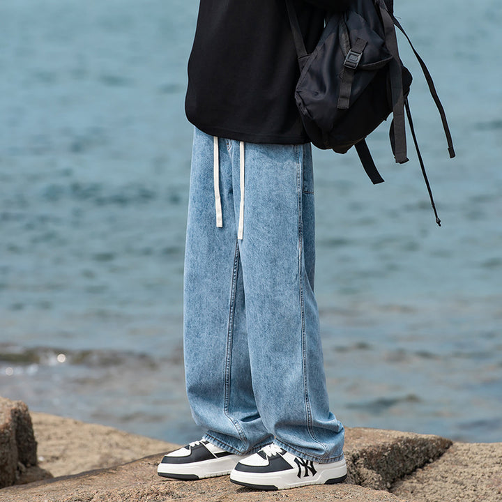 Men's Wide Vintage-Washed Baggy Jeans in Jogger Style with Drawstring Waistband and Ribbed Ankle Cuffs Drune