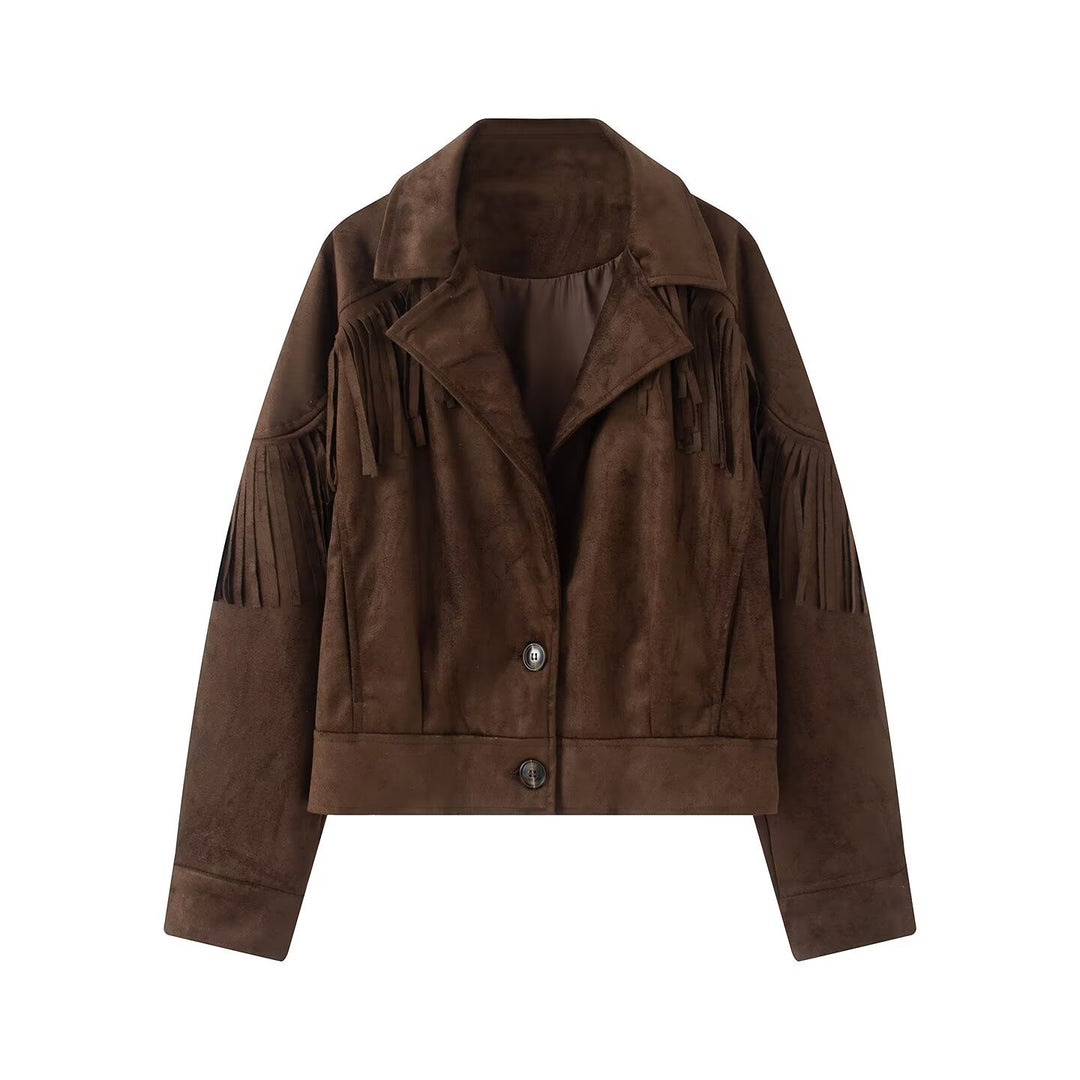 Women's short suede imitation jacket with fringes and lapel collar Mune Fashion