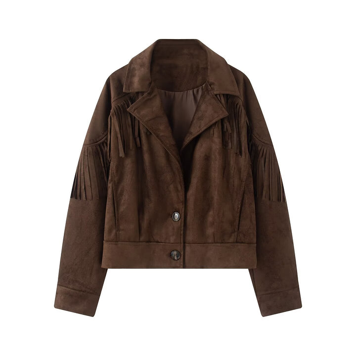 Women's short suede imitation jacket with fringes and lapel collar Mune Fashion