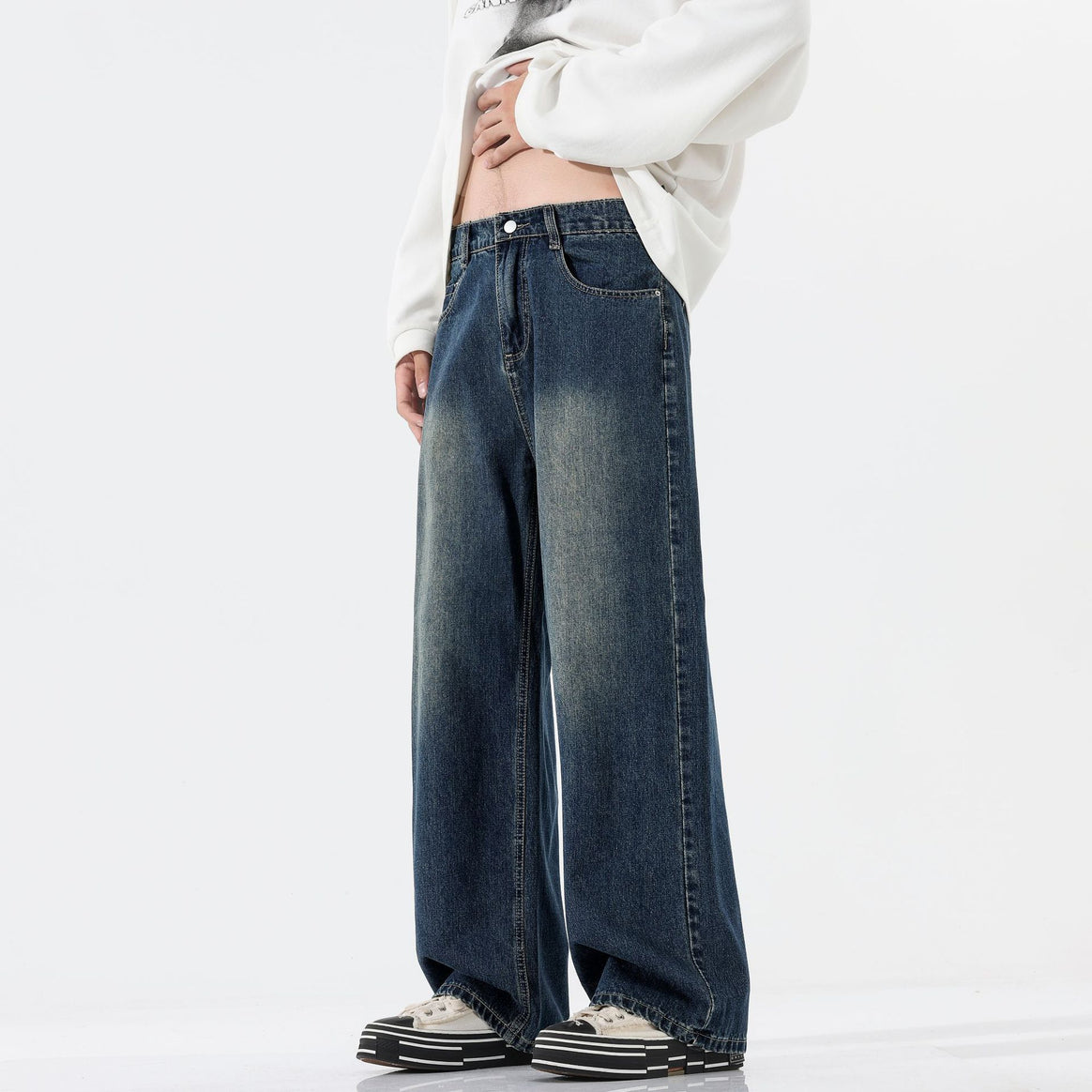 Men's Wide Floor-Length Denim Palazzo Pants with Extended Hem and Soft Used Accents Mune Fashion