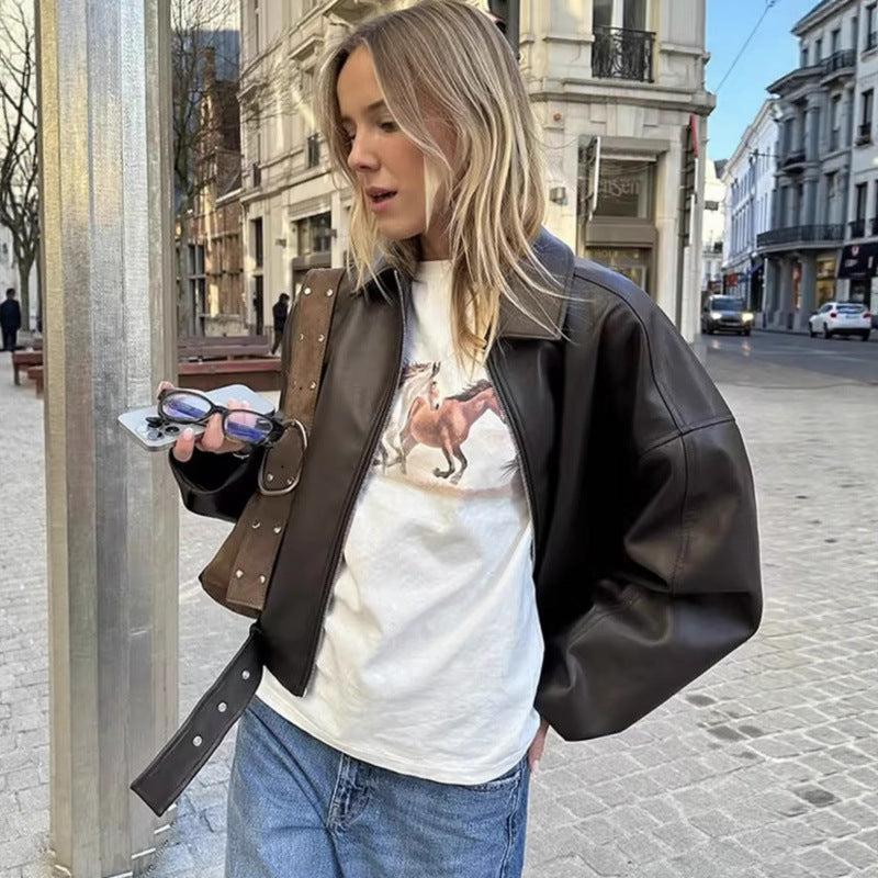 Unisex Oversize Faux Leather Jacket with Zip Shirt Collar and Waist Belt Mune Fashion