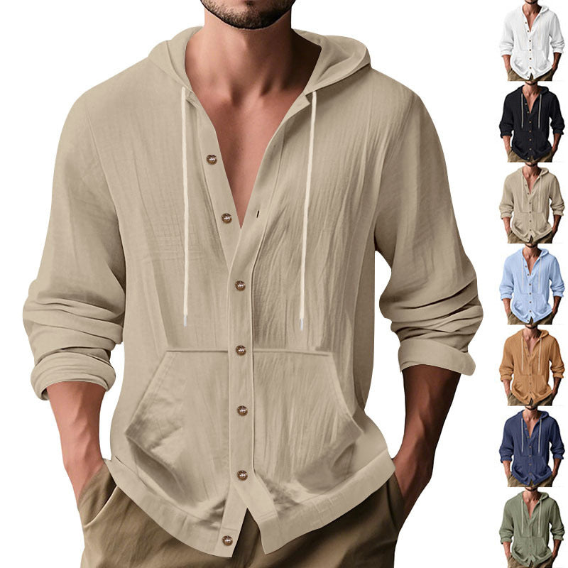 Men's button-closed hooded shirt jacket made of lightweight cotton blend with kangaroo pocket Mune Fashion