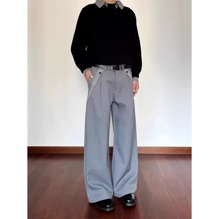 Men's Wide Suit Trousers with High Waist and Check Pattern Inserts Mune Fashion