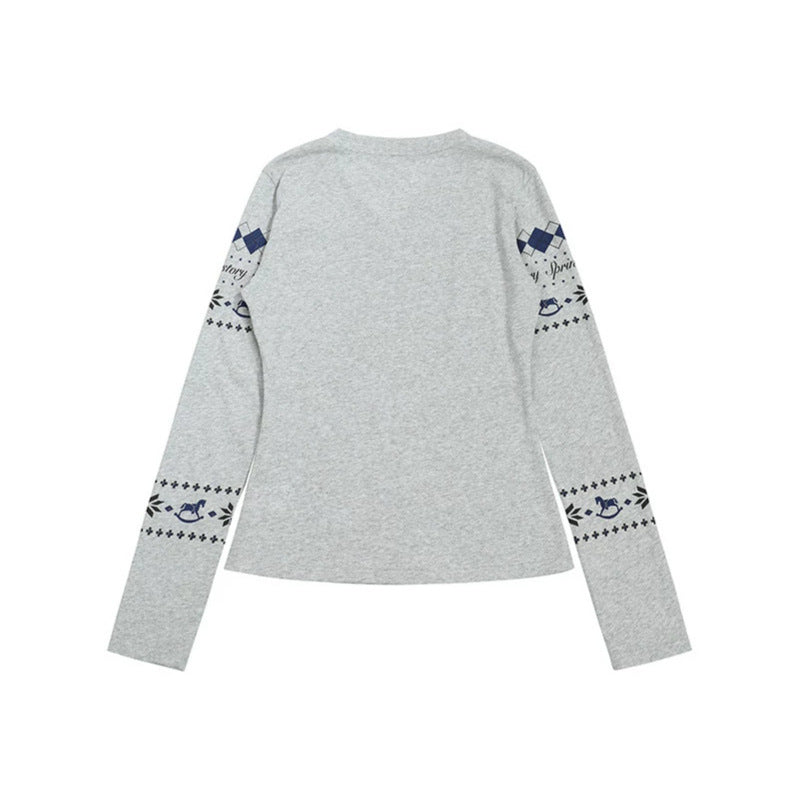 Women's Long Sleeve Shirt with V-Neck and Scandinavian Norwegian Print made of Cotton Blend Mune Fashion