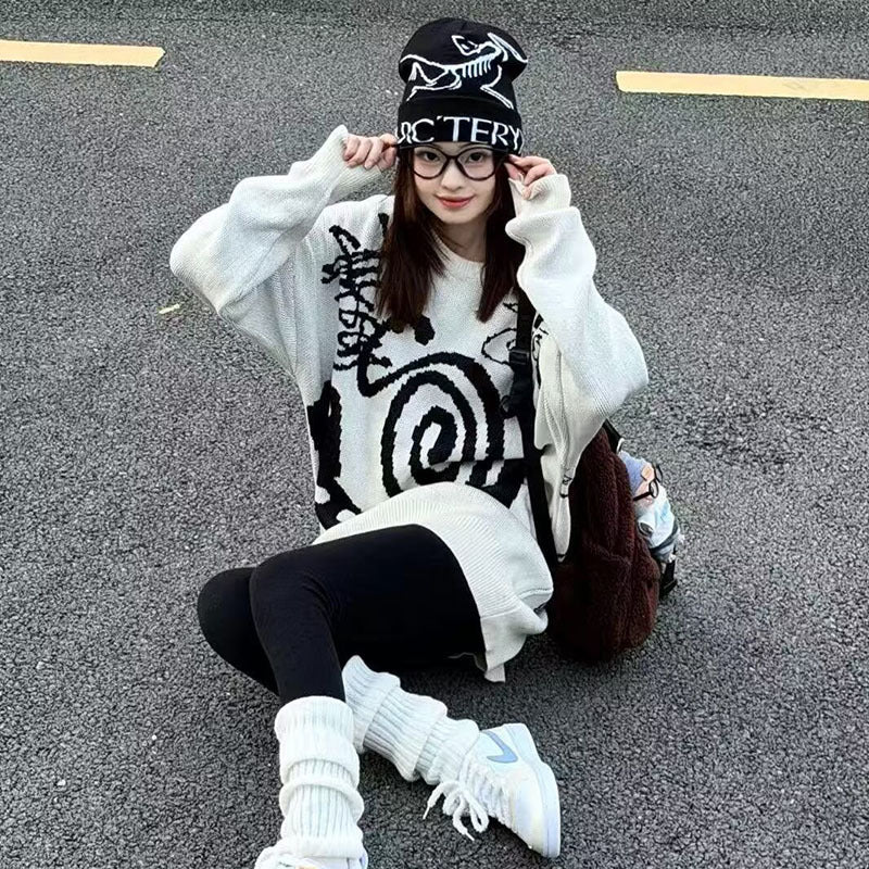 Women's Casual Chunky Knit Sweater with Unique Art Motif Mune Fashion