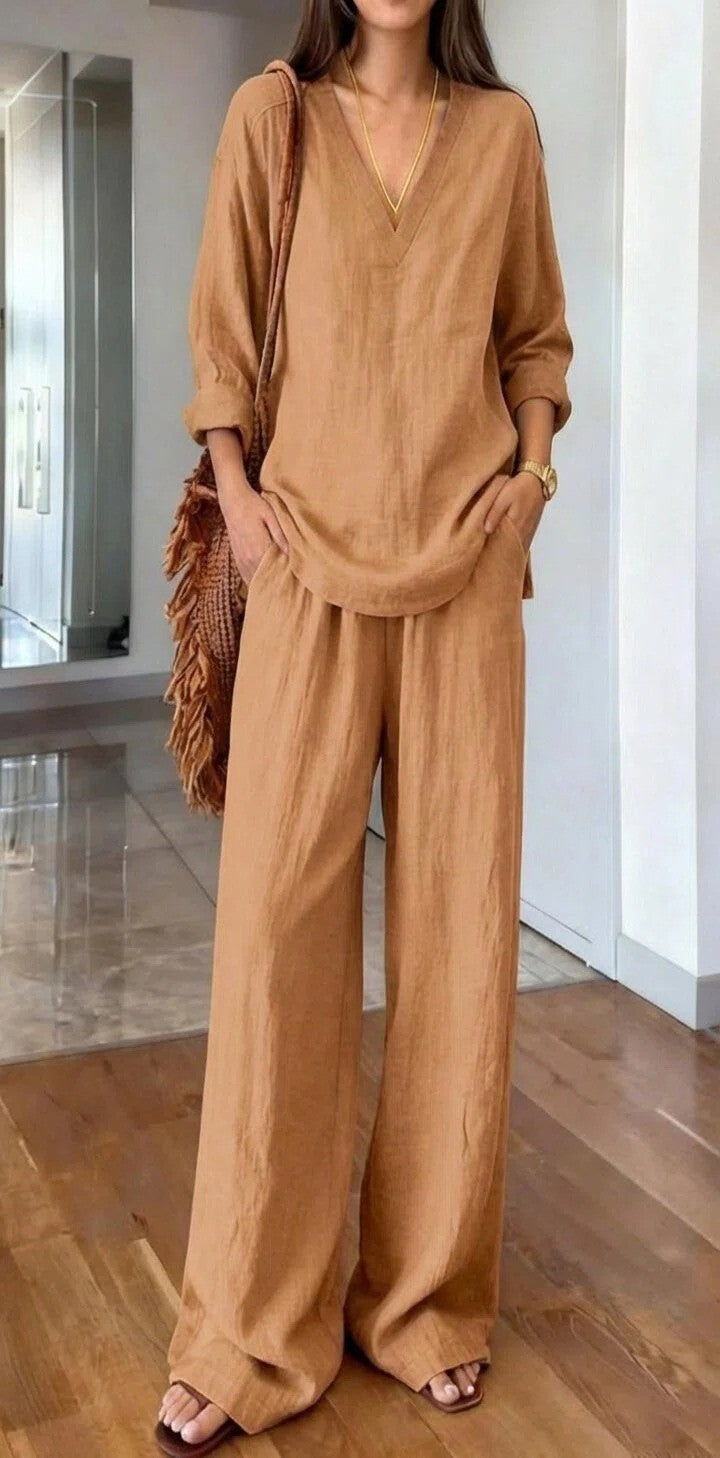 Women's lightweight linen look two-piece set with deep V-neck, loose 3/4 sleeves, and wide palazzo pants cut Mune Fashion
