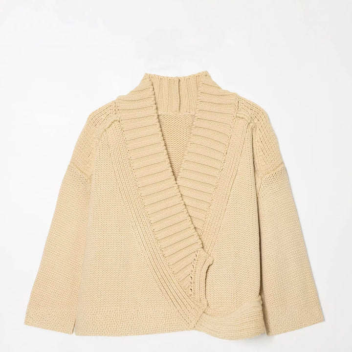 Women's wrap knit cardigan with shawl collar, tie belt and crochet sleeves Mune Fashion