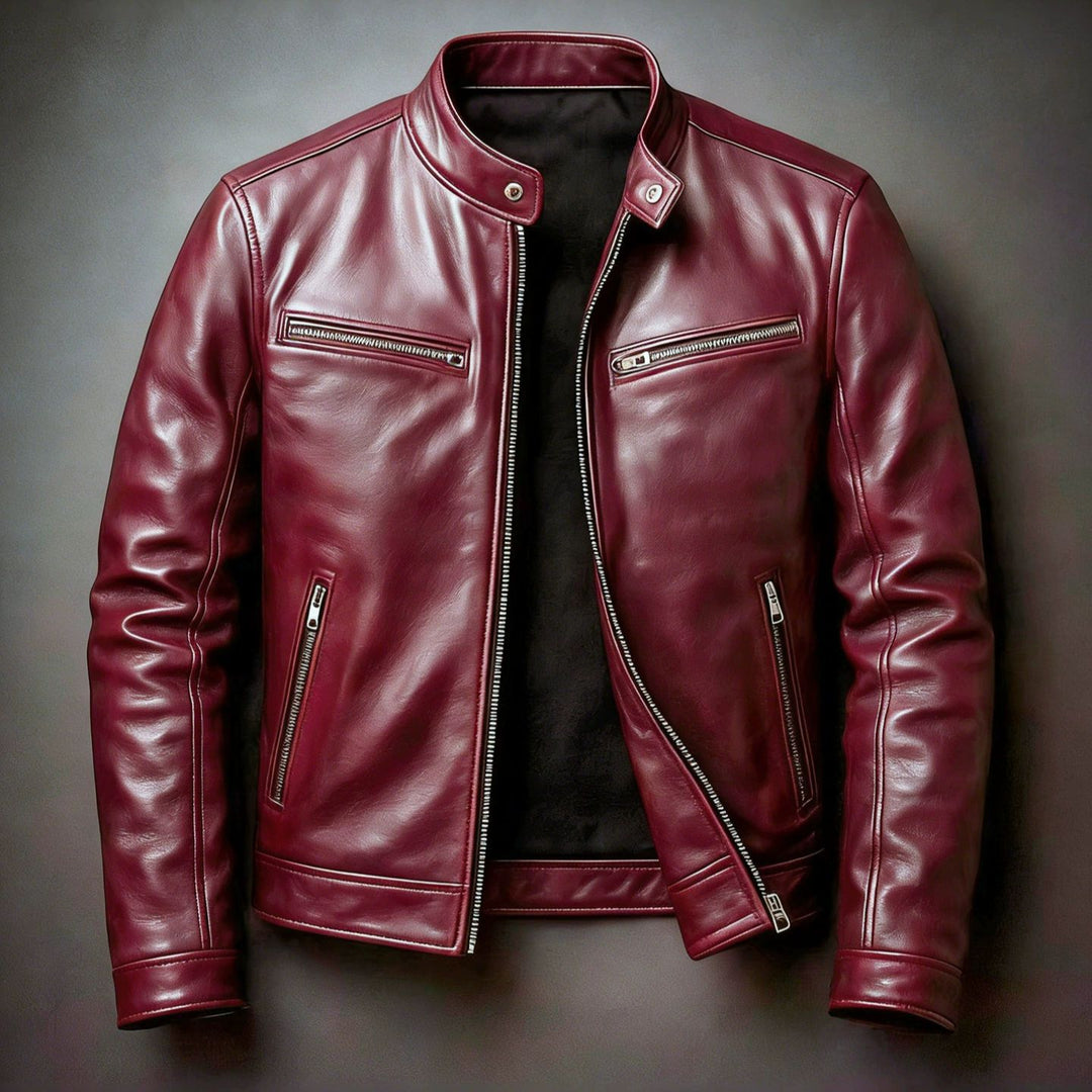 Men's Slim Fit Biker Leather Jacket made of Nappa Leather with Stand Collar and Zipper Mune Fashion