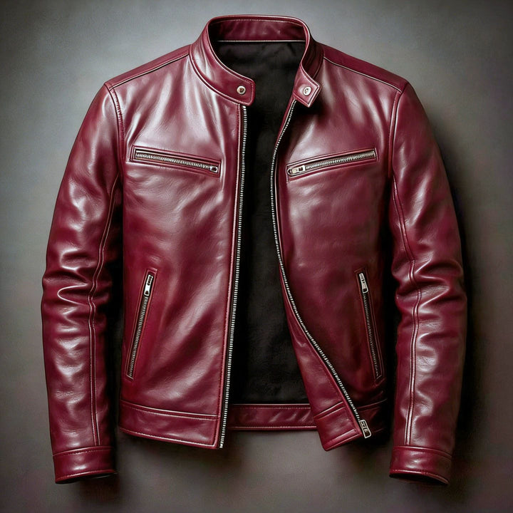 Men's Slim Fit Biker Leather Jacket made of Nappa Leather with Stand Collar and Zipper Mune Fashion