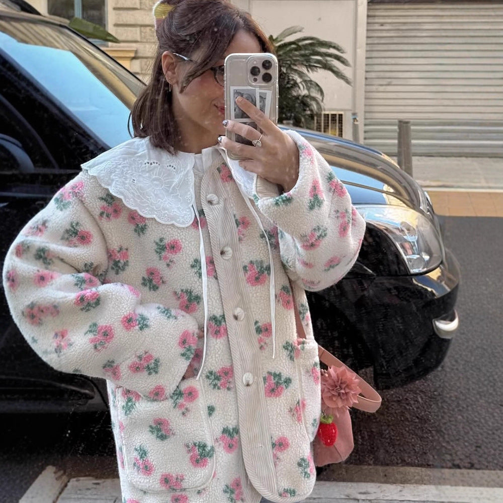 Women's teddy fleece jacket with floral print, cord placket, patch pockets, and oversized lace collar Mune Fashion