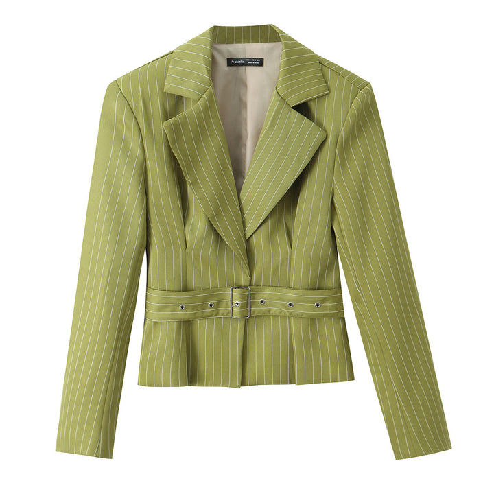 Women's Tailored Cropped Blazer with Pinstripes, Wide Tie Belt and Deep Lapel Mune Fashion