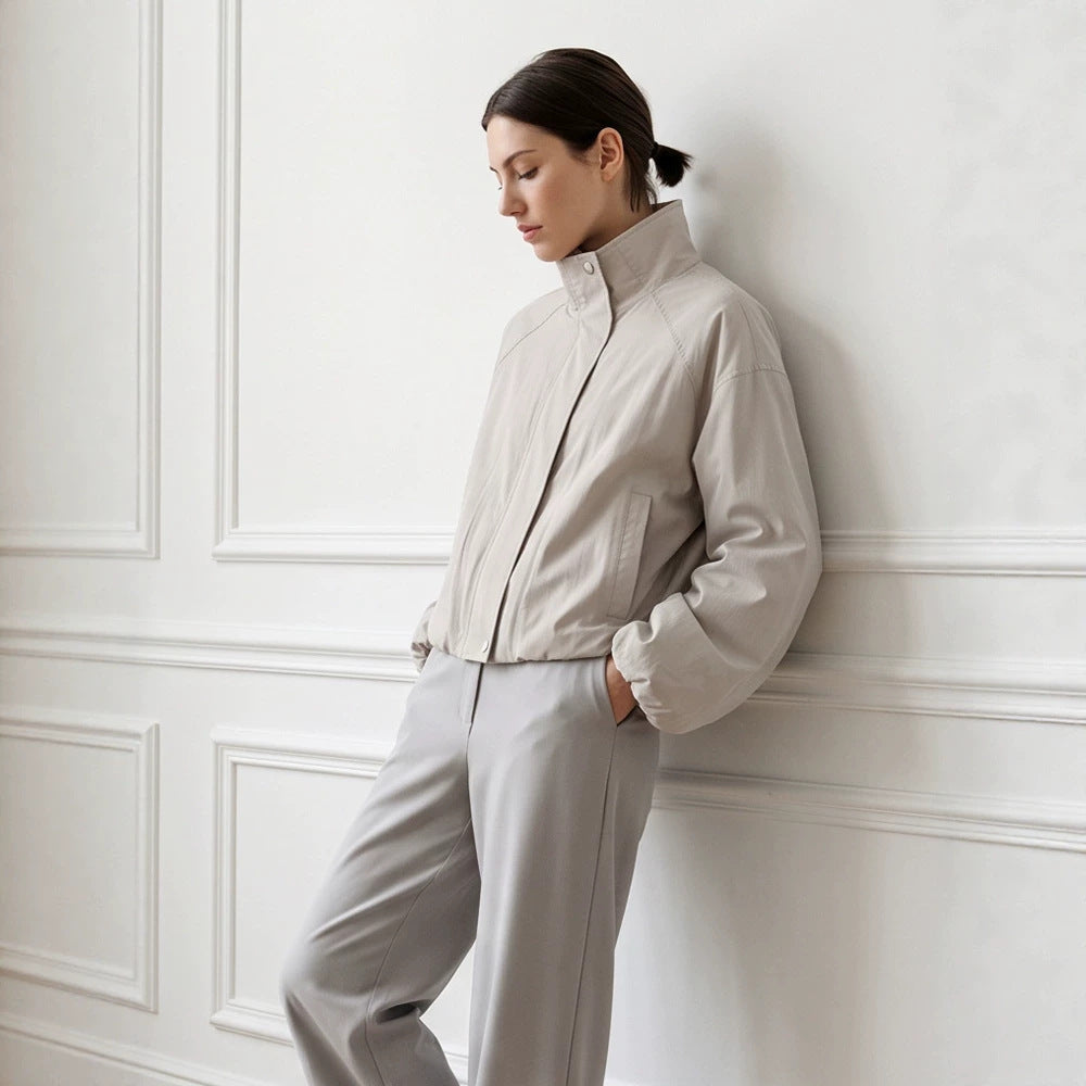 Women's Short Cut Stand Collar Bomber Jacket with Elastic Hem and Raglan Sleeves Mune Fashion