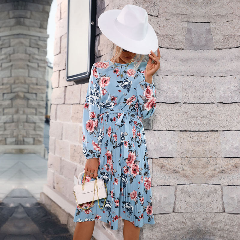 Women's midi dress with floral print, pleated skirt and fitted tie belt Mune Fashion