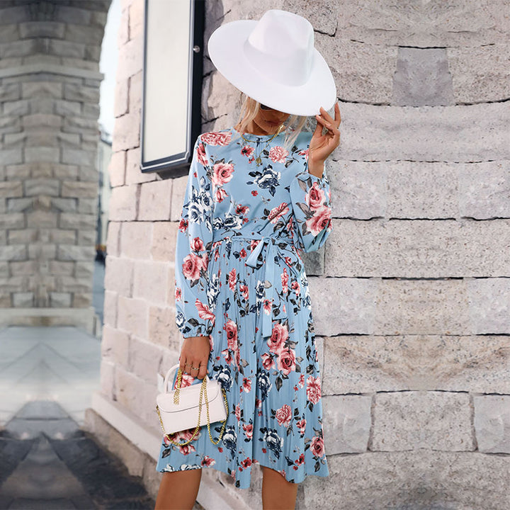 Women's midi dress with floral print, pleated skirt and fitted tie belt Mune Fashion