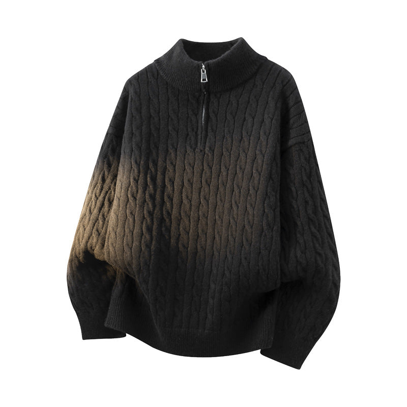 Women's Chunky Knit Half-Zip Sweater with Cable Pattern and Stand-Up Collar Mune Fashion