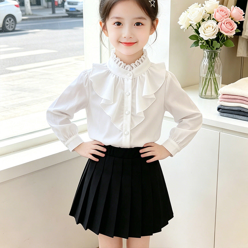Girls elegant ruffle blouse with collar and matching pleated skirt Mune Fashion